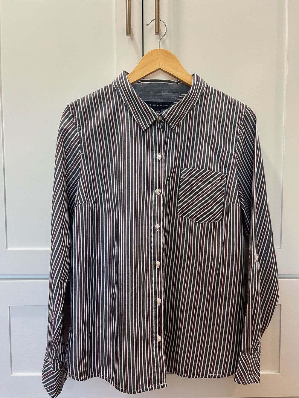 Women's Tommy Hilfiger Striped Button Down Blouse Roll Tab Sleeve Size Large